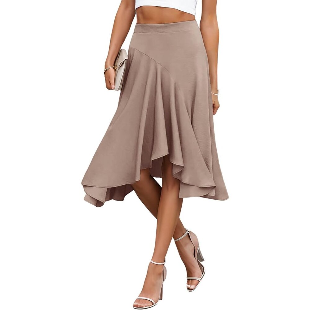 Women's Midi Skirt Elegant Flowy Ruffle High Waist High Low Midi Skirts